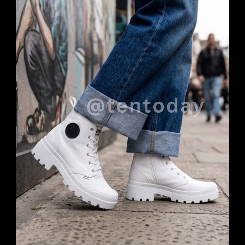 Palladium Size 6 White Canvas Chunky High Top Vegan Combat Boots Sneakers Shoes